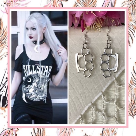 🍒 BRASS KNUCKLE EARRINGS SILVER 925 PUNK ROCK ROCKER EMO ROCKER COOL HIP - Picture 1 of 8